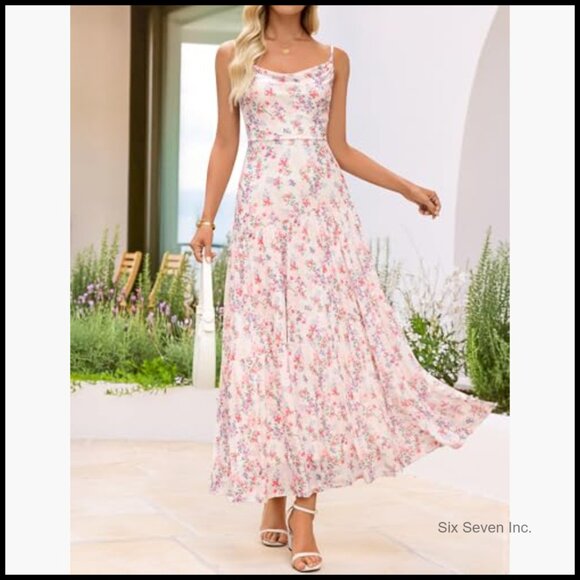 Mesh Floral Maxi Dress Sleeveless Spaghetti Strap Boho Beach Wedding Guest - Picture 2 of 7